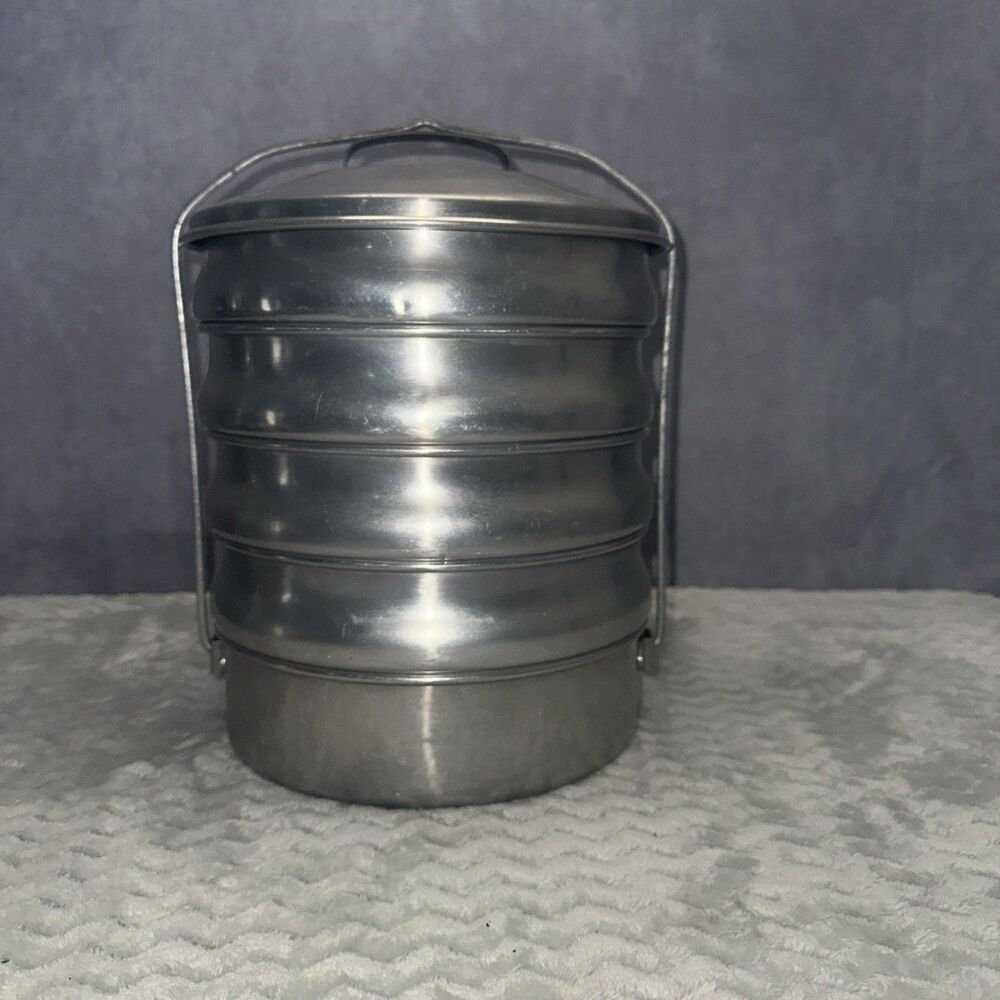 Vintage Regal Picnic Pack Stacking Aluminum Pans 5 Tier Camping Lunch w/Handle